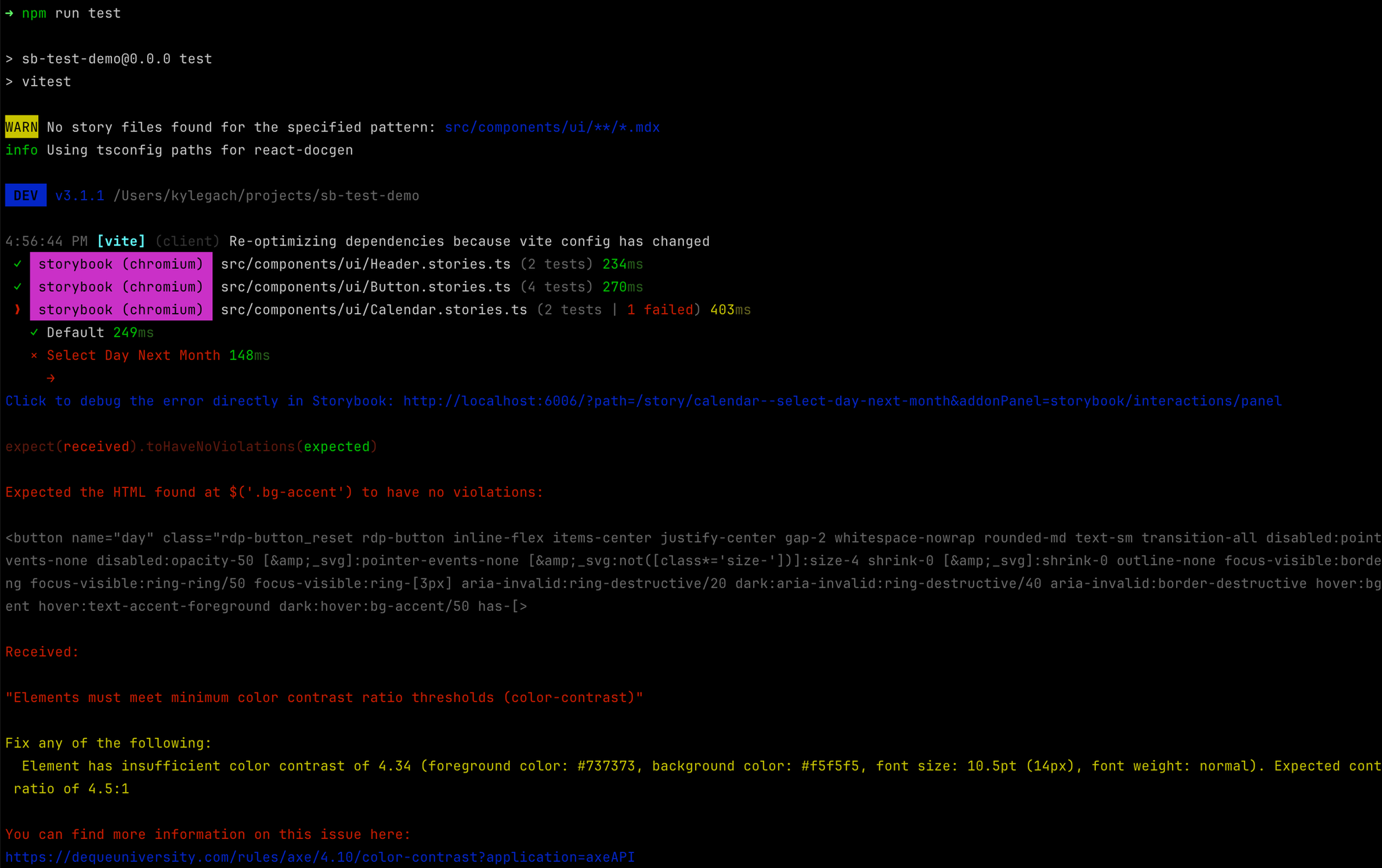 Output from Vitest CLI with accessibility violations