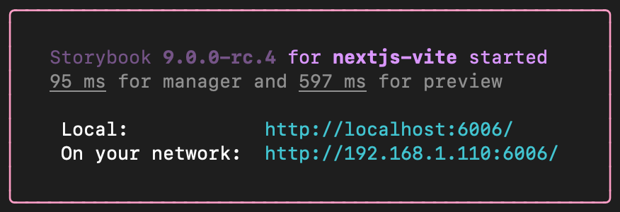 CLI output when starting Storybook with the `nextjs-vite` framework