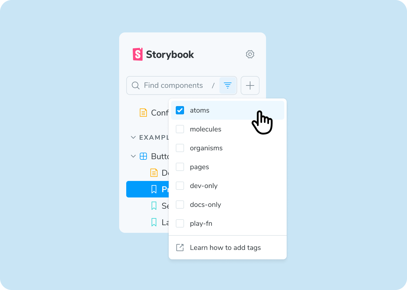 Storybook's sidebar with the filter menu open, showing the available tags to filter on