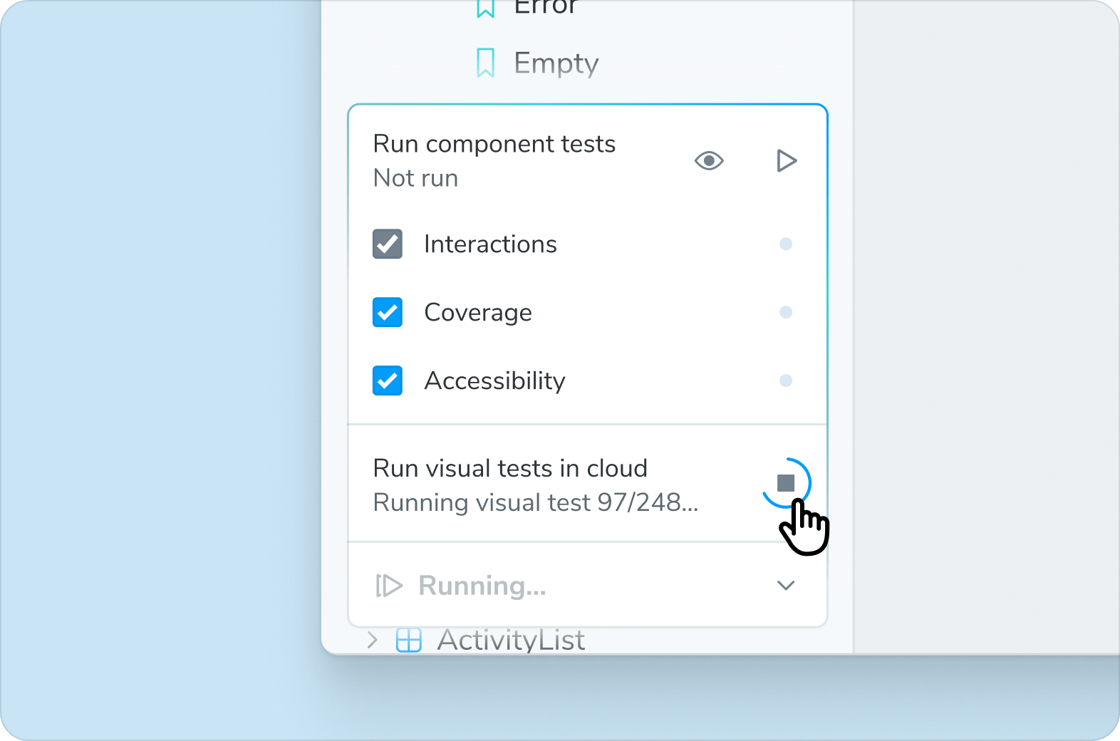 Storybook's test widget, showing watch mode activated. Part of the UI says "Run component tests. Watching for file changes."
