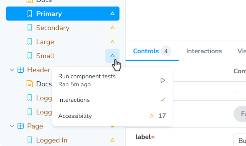 The sidebar menu for a story is open. It has three items: Run component tests with a play button, Interactions with a checkmark, and Accessibility with a triangle and "17"