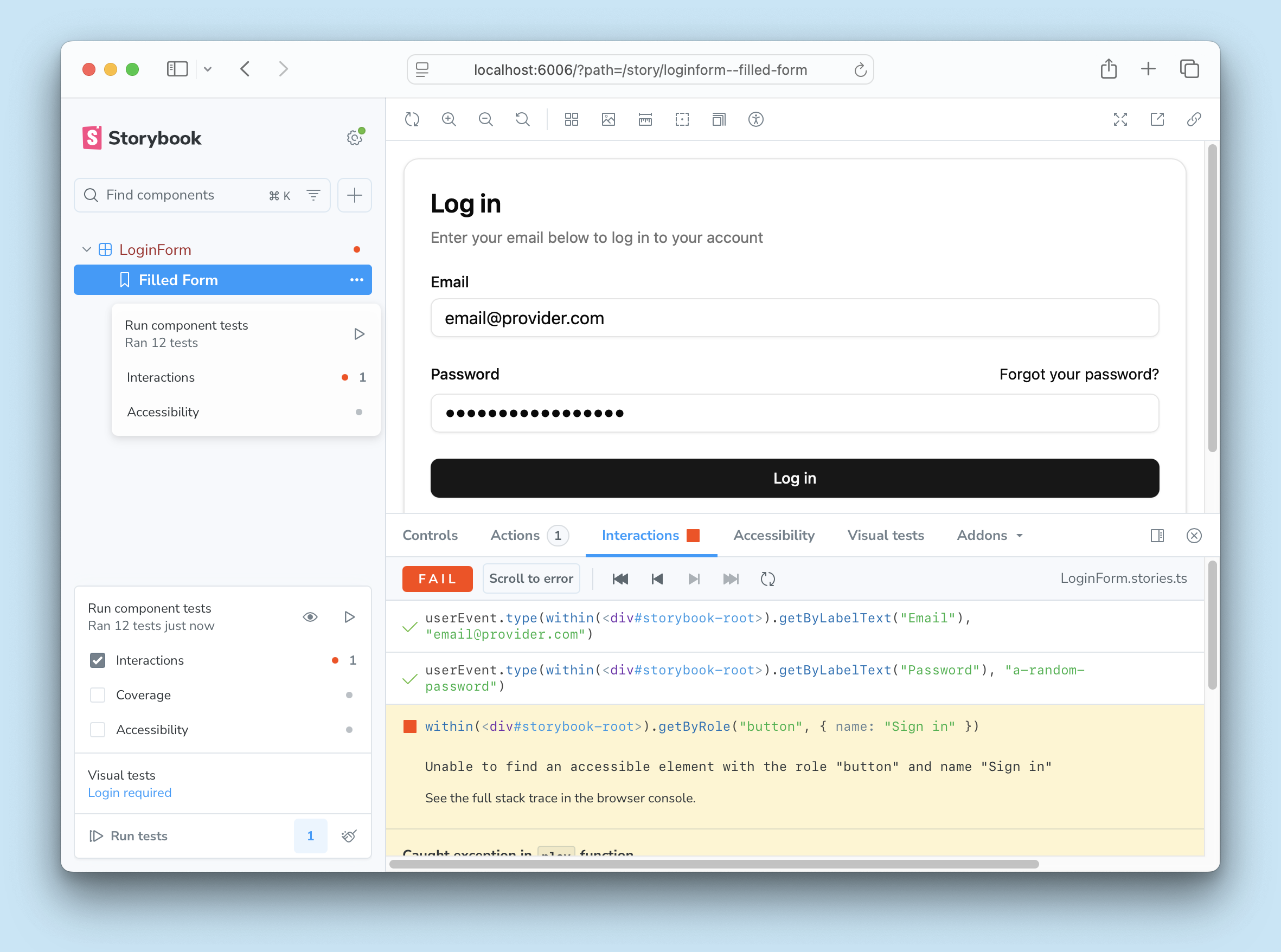 Storybook's sidebar filtered to only show test errors, with the Interactions panel displaying the error.
