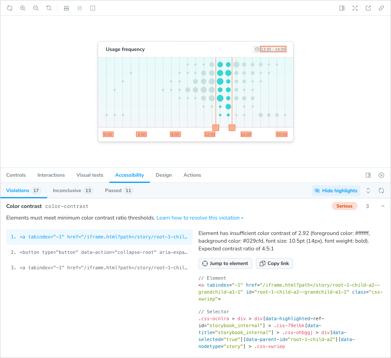 The Accessibility addon panel, with "color contrast" and "link name" violations. One violation is highlighted in Storybook's Canvas.