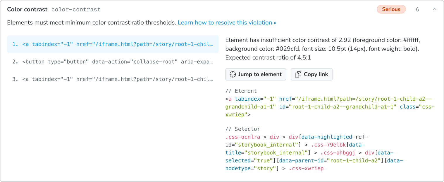 An expanded group of "insufficient color contrast" violations, showing many details including a link to learn how to resolve them