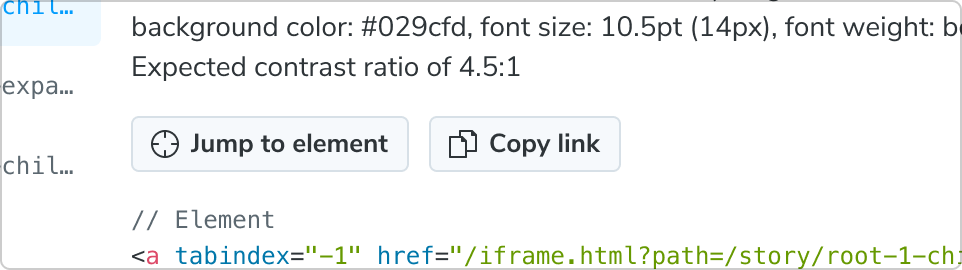 Zoomed-in view of a violation's "Copy link" button