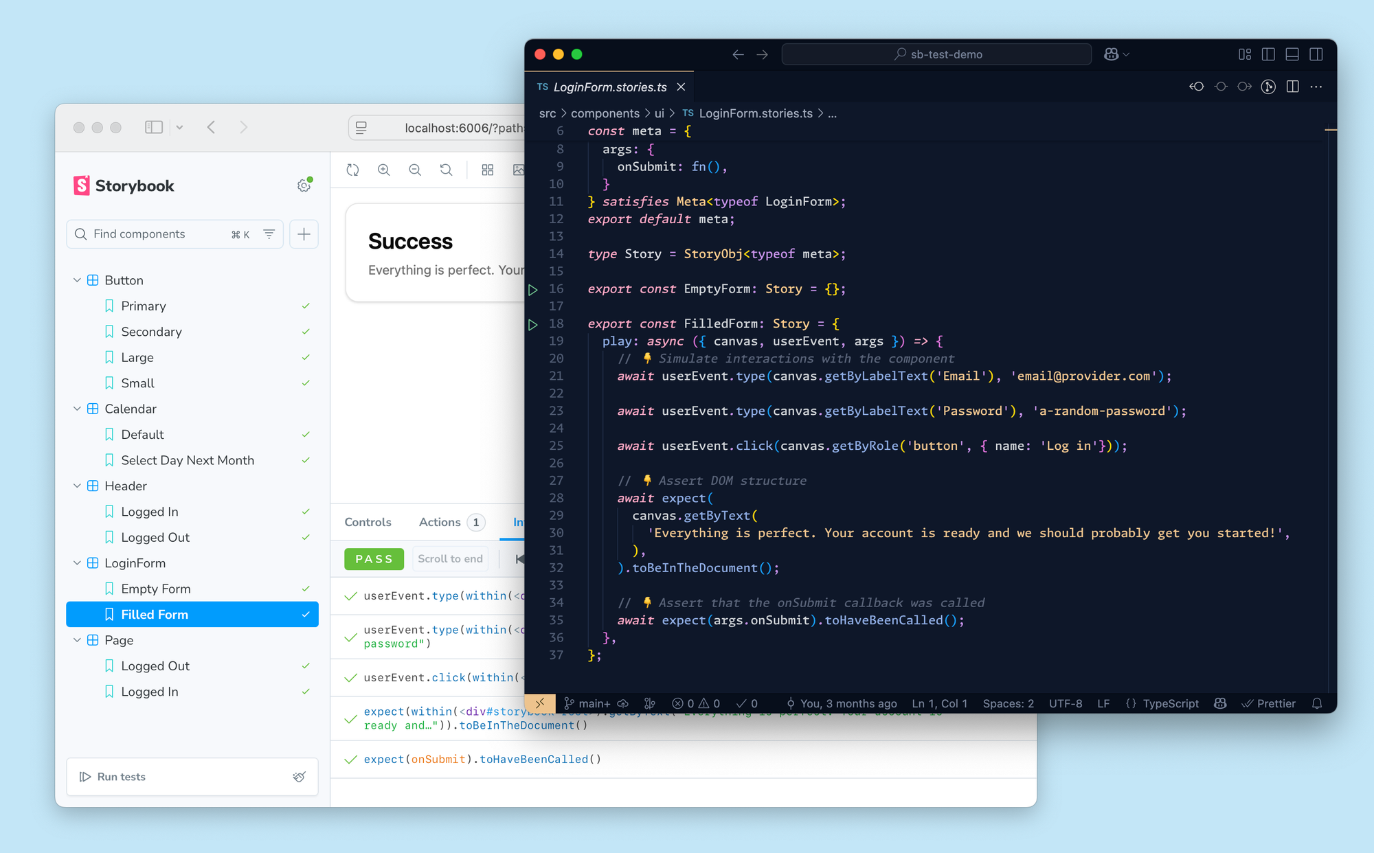 Two windows. A code editor showing the source of an interaction test (a story) is in the foreground. A browser window showing Storybook with test statuses in the sidebar is in the background.