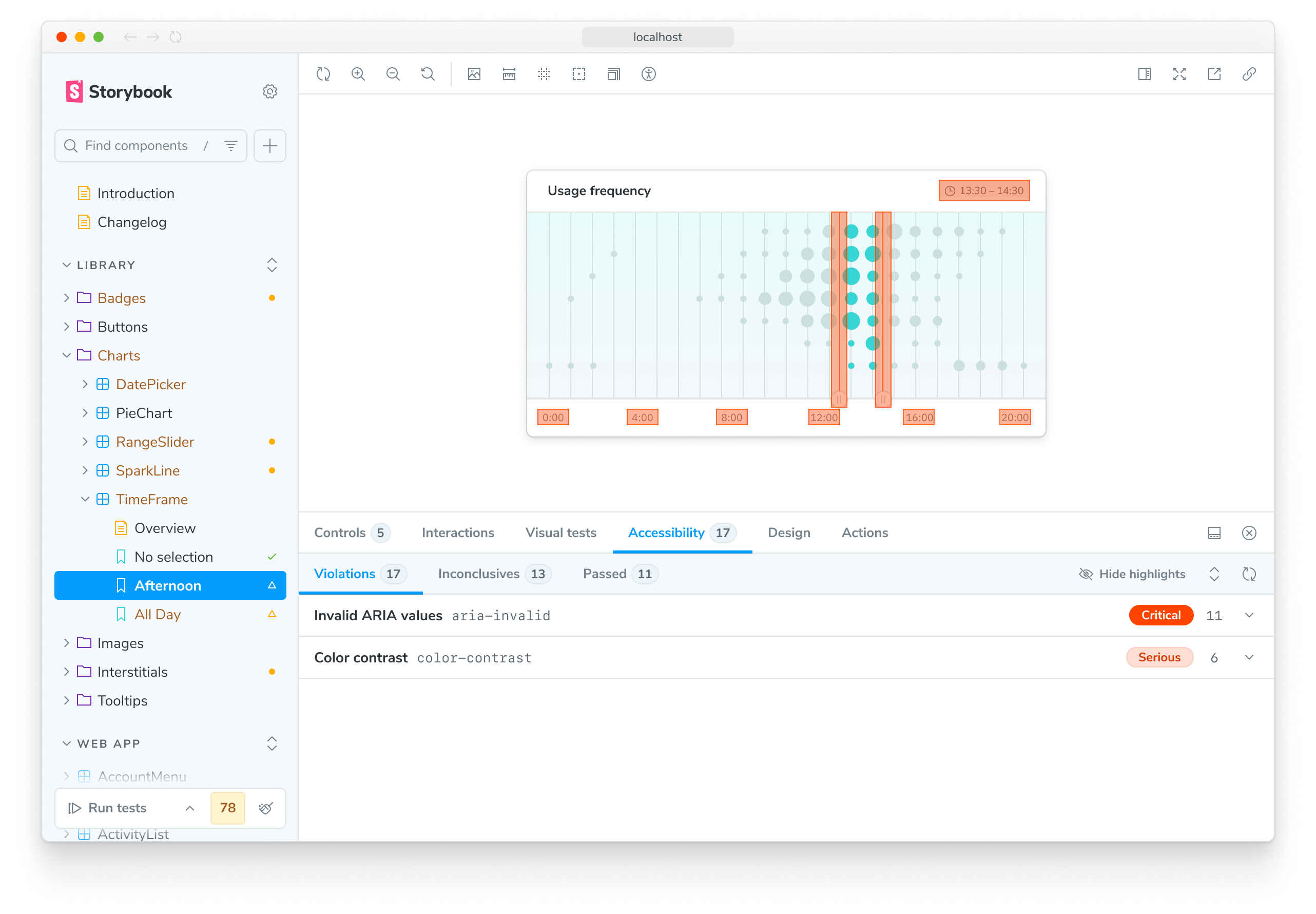 Storybook's Accessibility addon panel with violations highlighted in the canvas