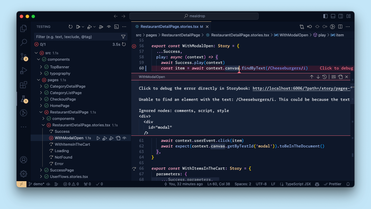 VS Code showing the source of a stories file. One of the stories' source lines is highlighted and annotated with output from the Vitest extension