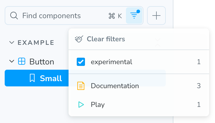 The open filter menu containing Clear filters, experimental (checked), Documentation, and Play