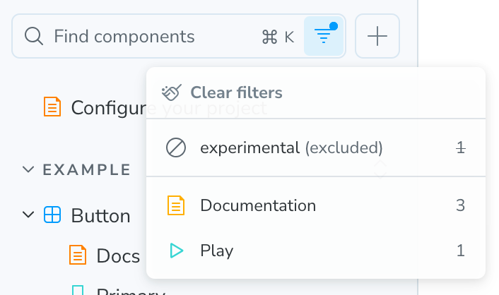 The open filter menu containing Clear filters, experimental (excluded), Documentation, and Play