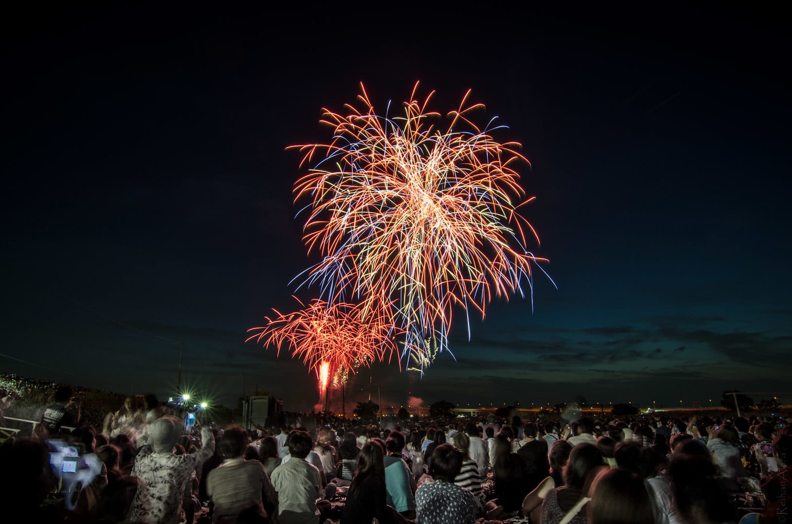 Fireworks in Tokyo during a summer festival at night