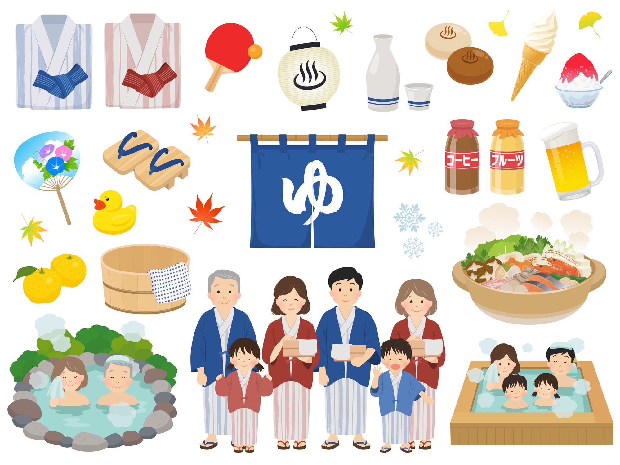 A illustration of typical onsen culture in Japan.