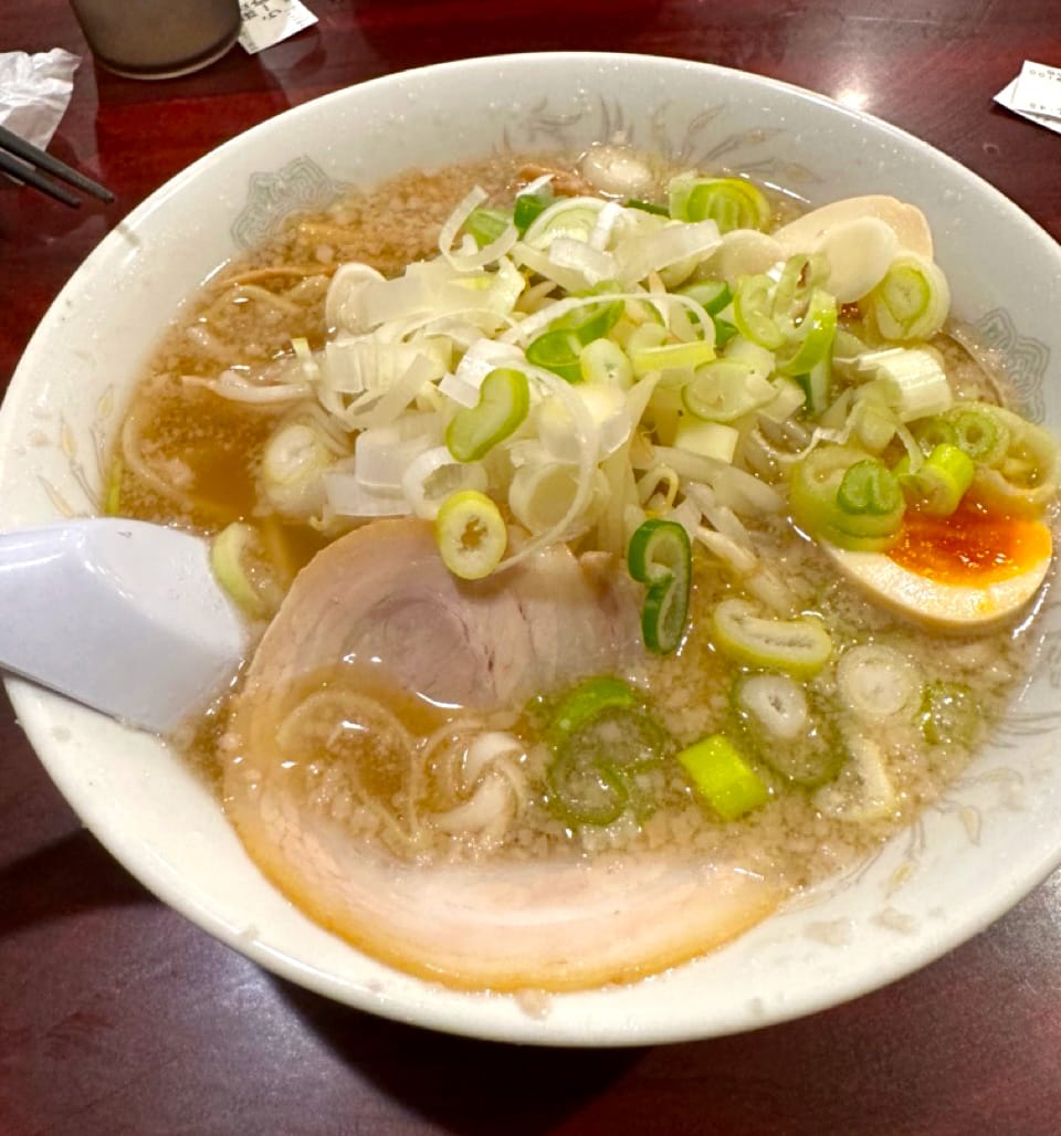 A big bowl of ramen with lots of green onion, meat and egg.