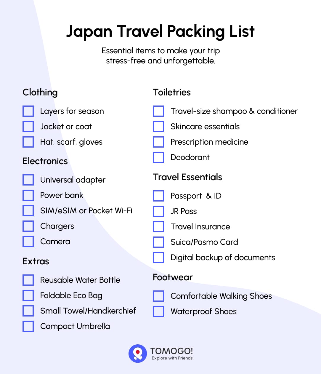 Japan Travel Packing List poster with clothing, electronics, toiletries, travel essentials, extras, and footwear items listed with checkboxes.