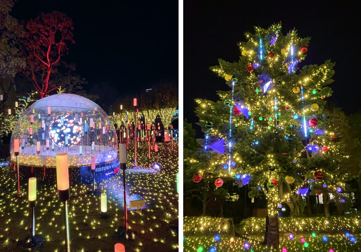 Tokyo Midtown Roppongi Illumination with glowing dome, colorful light sticks, and a decorated Christmas tree with bright ornaments and lights.