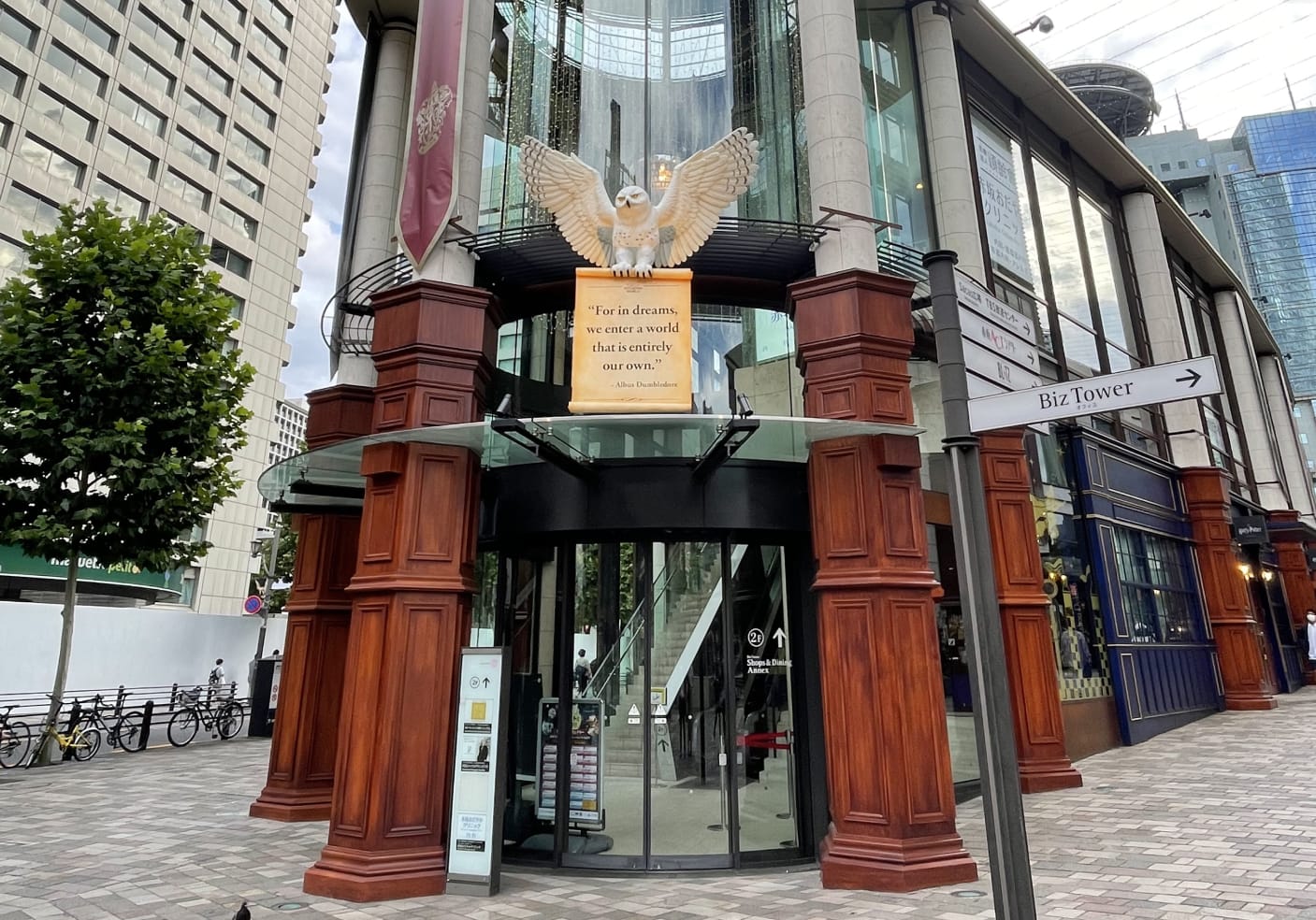Entrance Harry Potter Store with owl statue and quote: “For in dreams, we enter a world that is entirely our own.” 