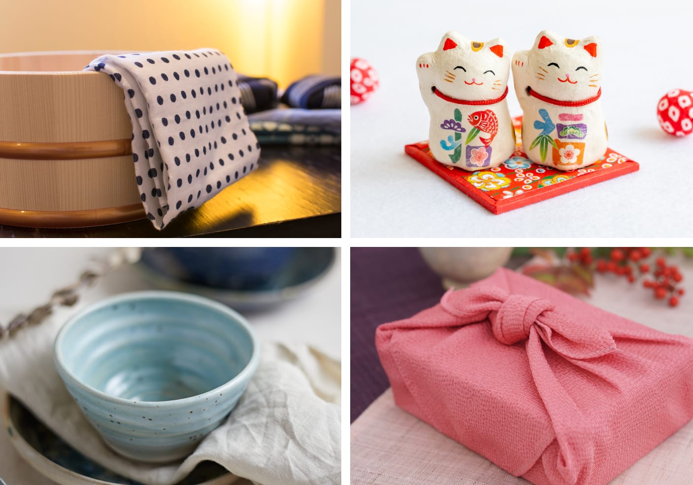 4 traditional souvenirs, Tenugui, Maneki-Neko, Pottery Cup, and Furoshiki