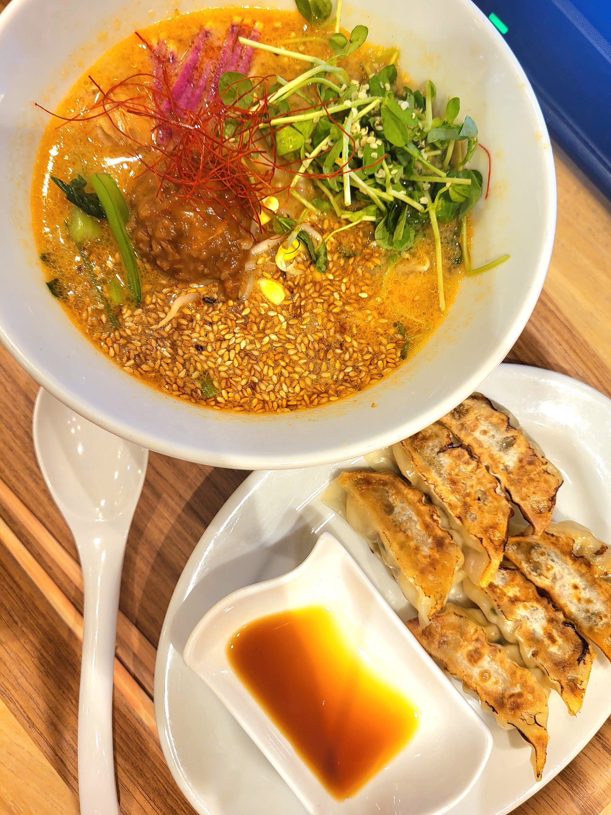 A vegan gyoza and sesame ramen set at T's TanTan in Tokyo Station, Japan