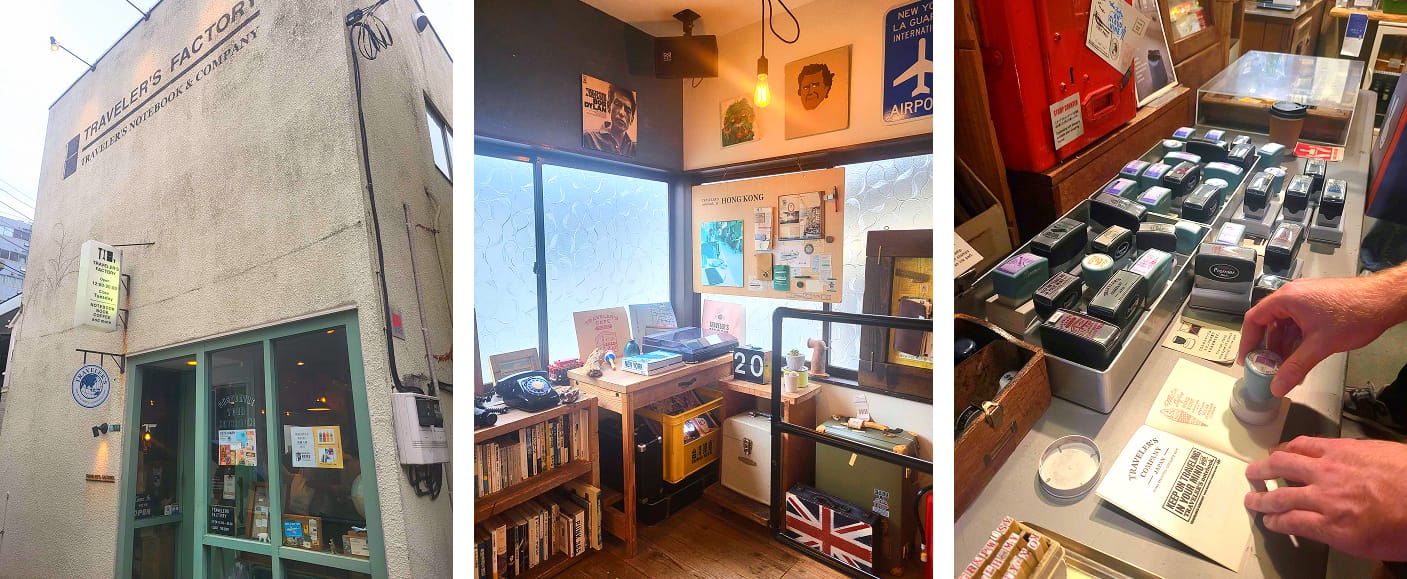 3 photos: Nakameguro Traveler's Factory exterior and interior, vintage stationery, and stamps