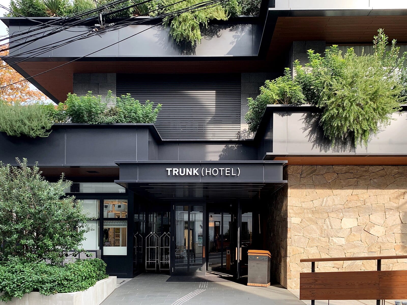 Modern entrance to Trunk Hotel in Tokyo