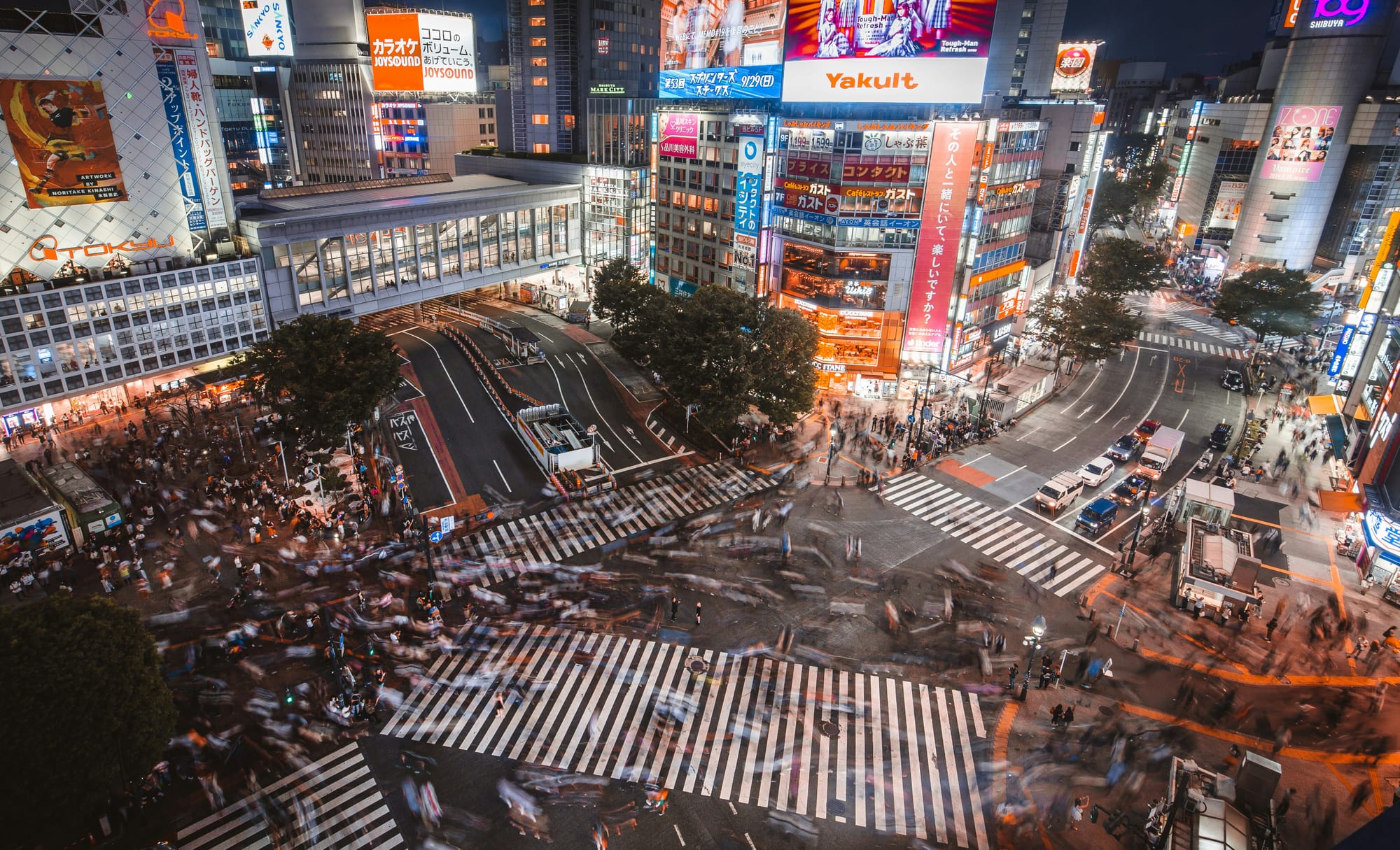 A view of the Shibuya crossing at night, in Tokyo, Japan.