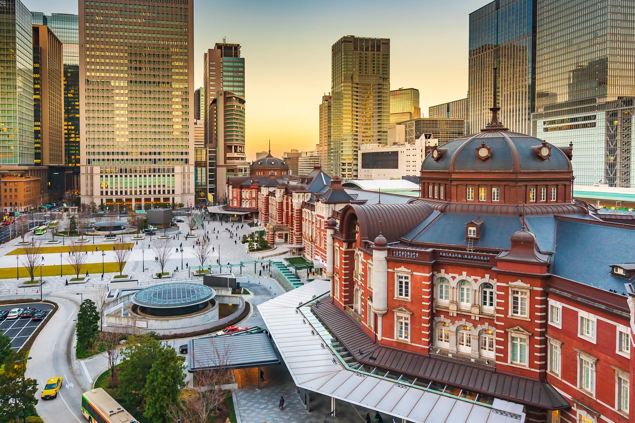Upper view of Tokyo station's main building in Japan, during sunset