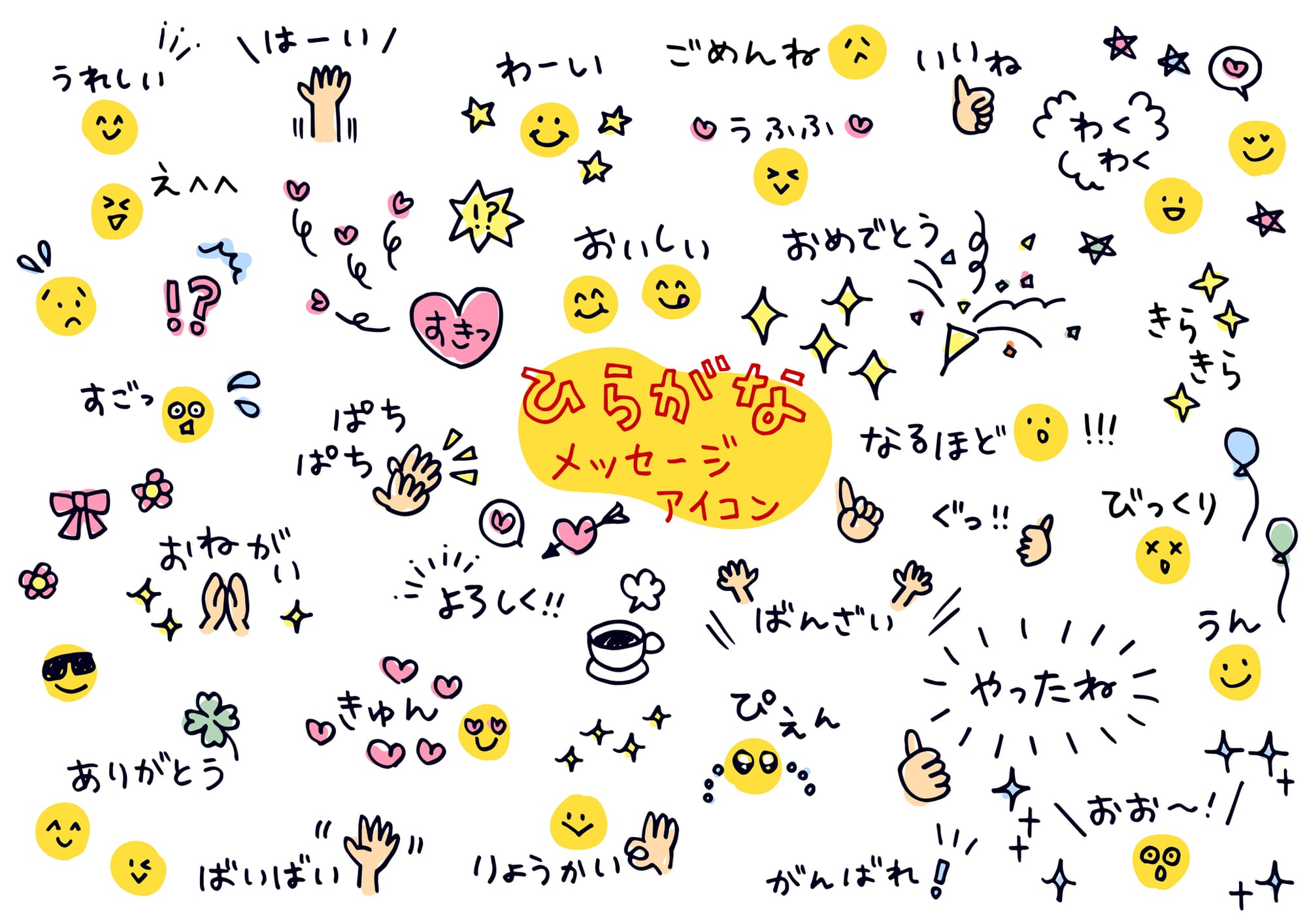 Cute doodles and emojis with various expressions and hand gestures, surrounded by Japanese text.