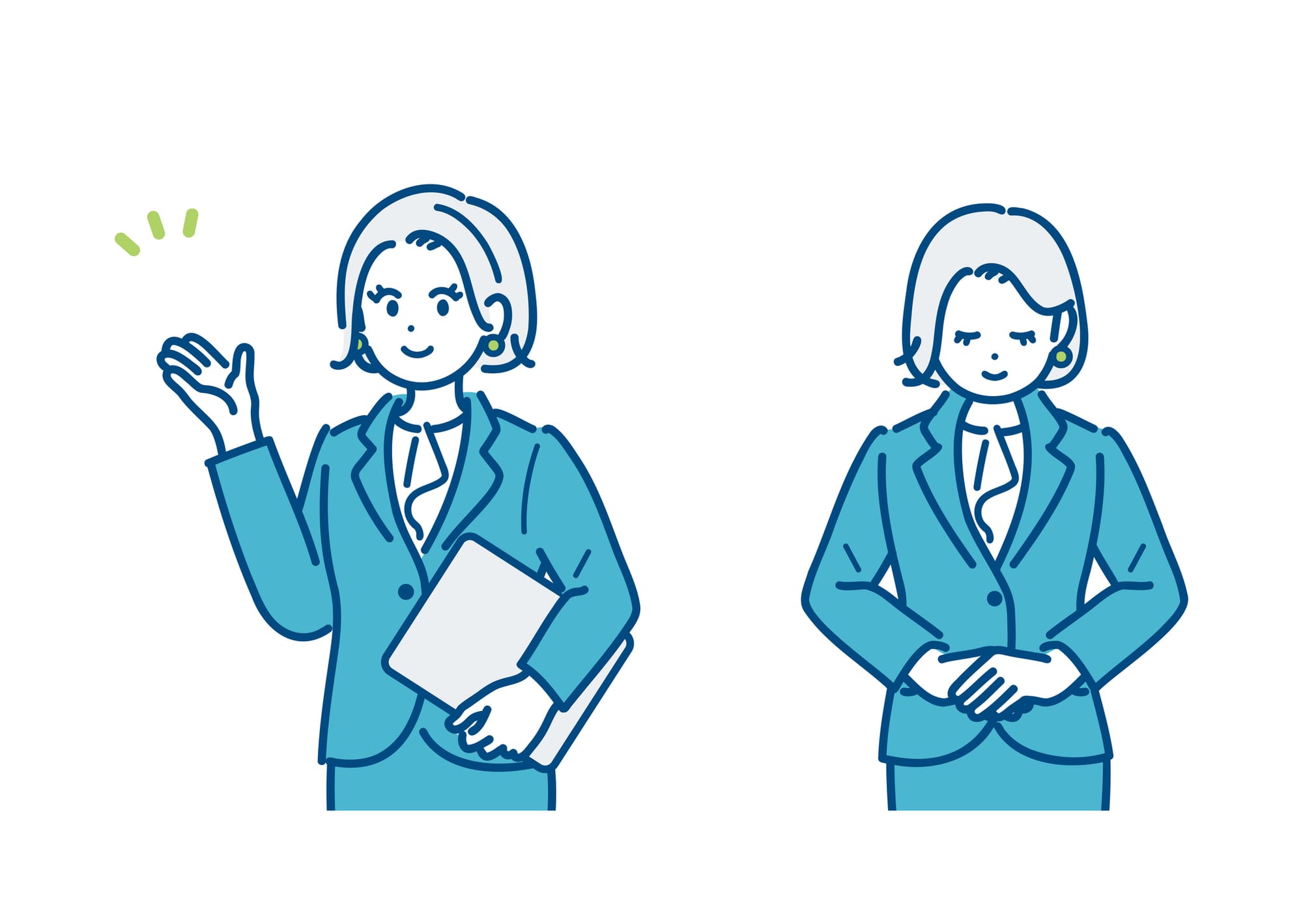 Illustration of women Left: Waving with a folder, smiling. Right: Bowing with eyes closed, hands clasped.