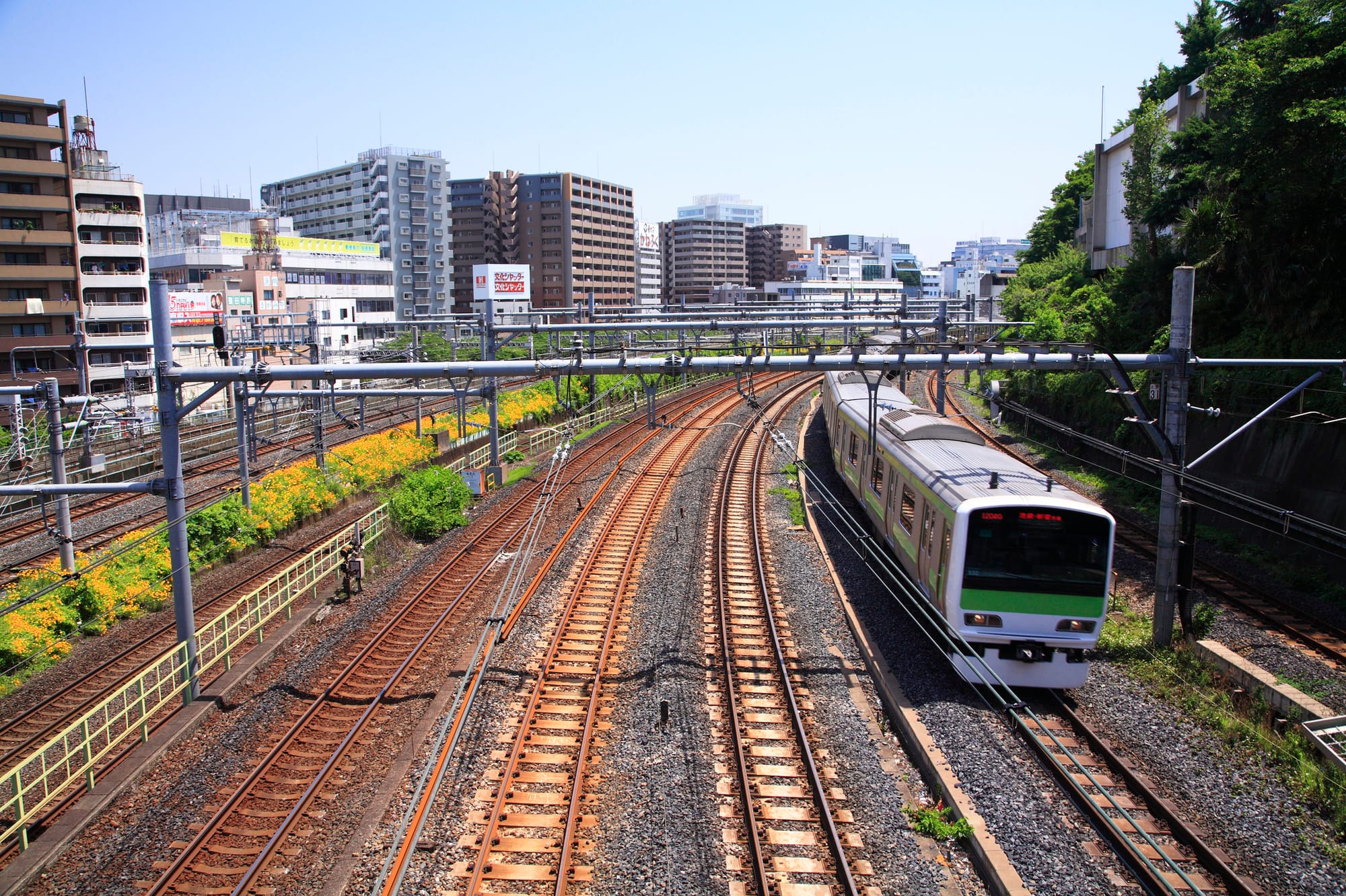 Upper view of a train from the Yamanote line in Tokyo, Japan