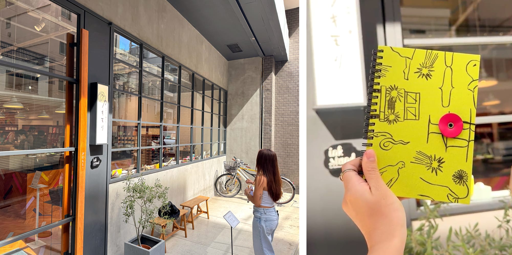 A woman standing in front of the Kakimori store. Another picture of a bright yellow notebook with cute doodles.