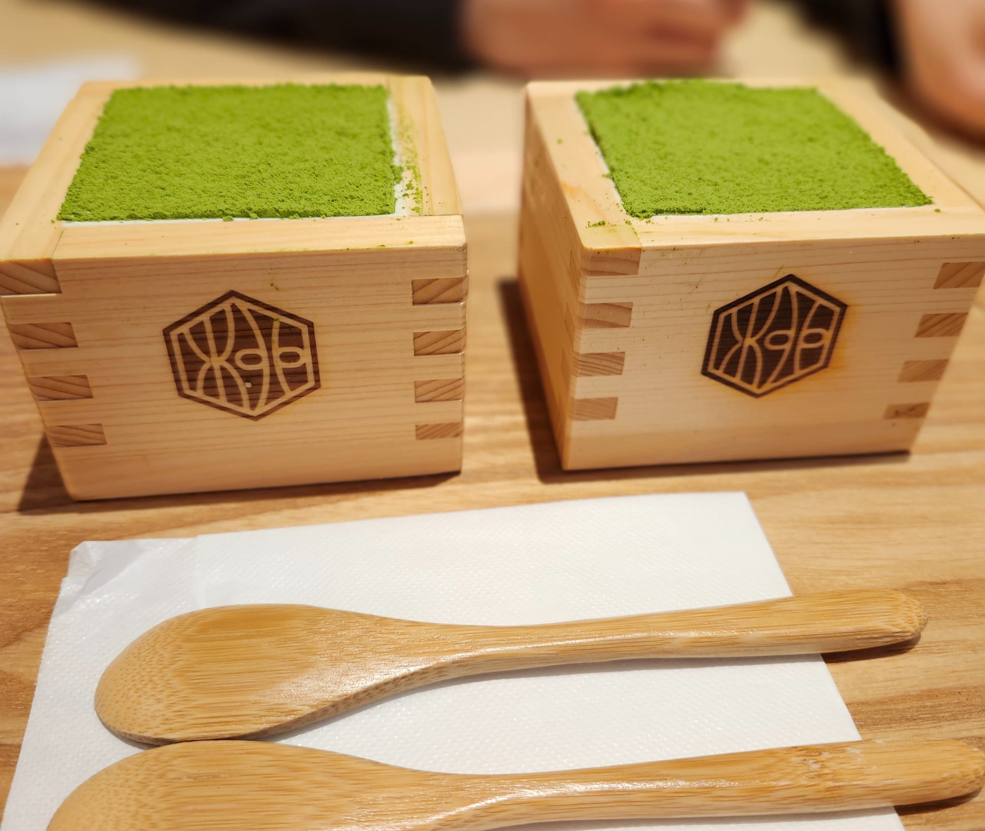 Matcha tiramisu served in a masu wooden cup at Yanagi Chaya café in Asakusa Tokyo