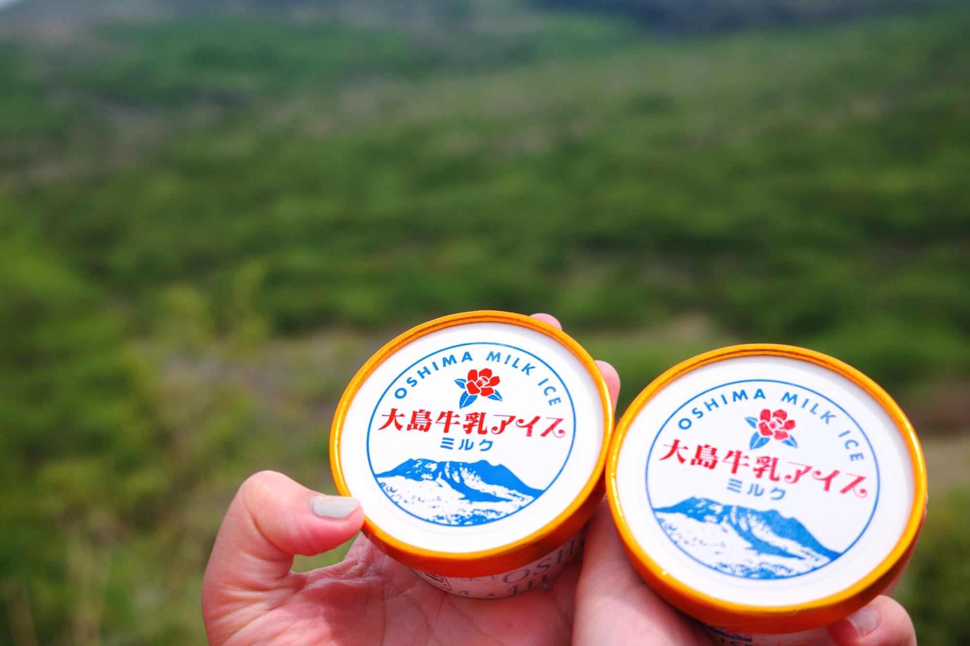 Two friends holding traditional milk ice cream at Oshima Island, Tokyo, Japan
