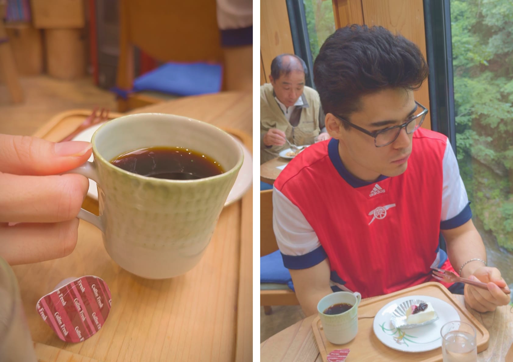 A man enjoying a cup of coffee and cake in Cafe Seseragi
