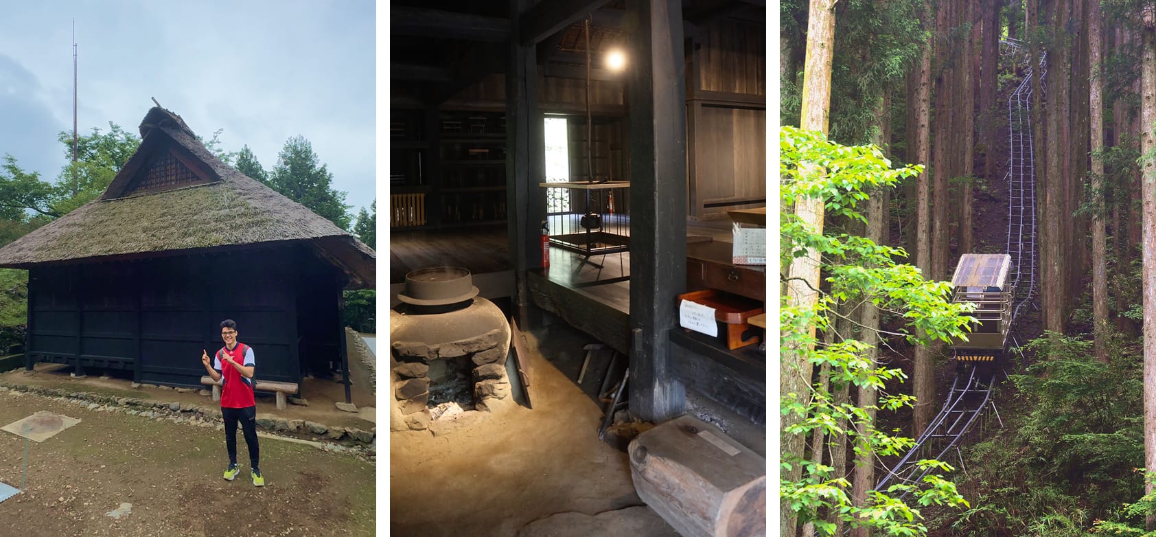 Man standing in front of Hinohara's Kobayashi Residence. A look inside the traditional residence. A tram going up the mountain.