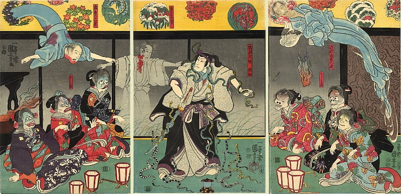 A traditional Japanese-style painting of a samurai being haunted by ghosts. Some ghosts look like blood-stained dead men, while others look like women in kimono but with creature-like faces,