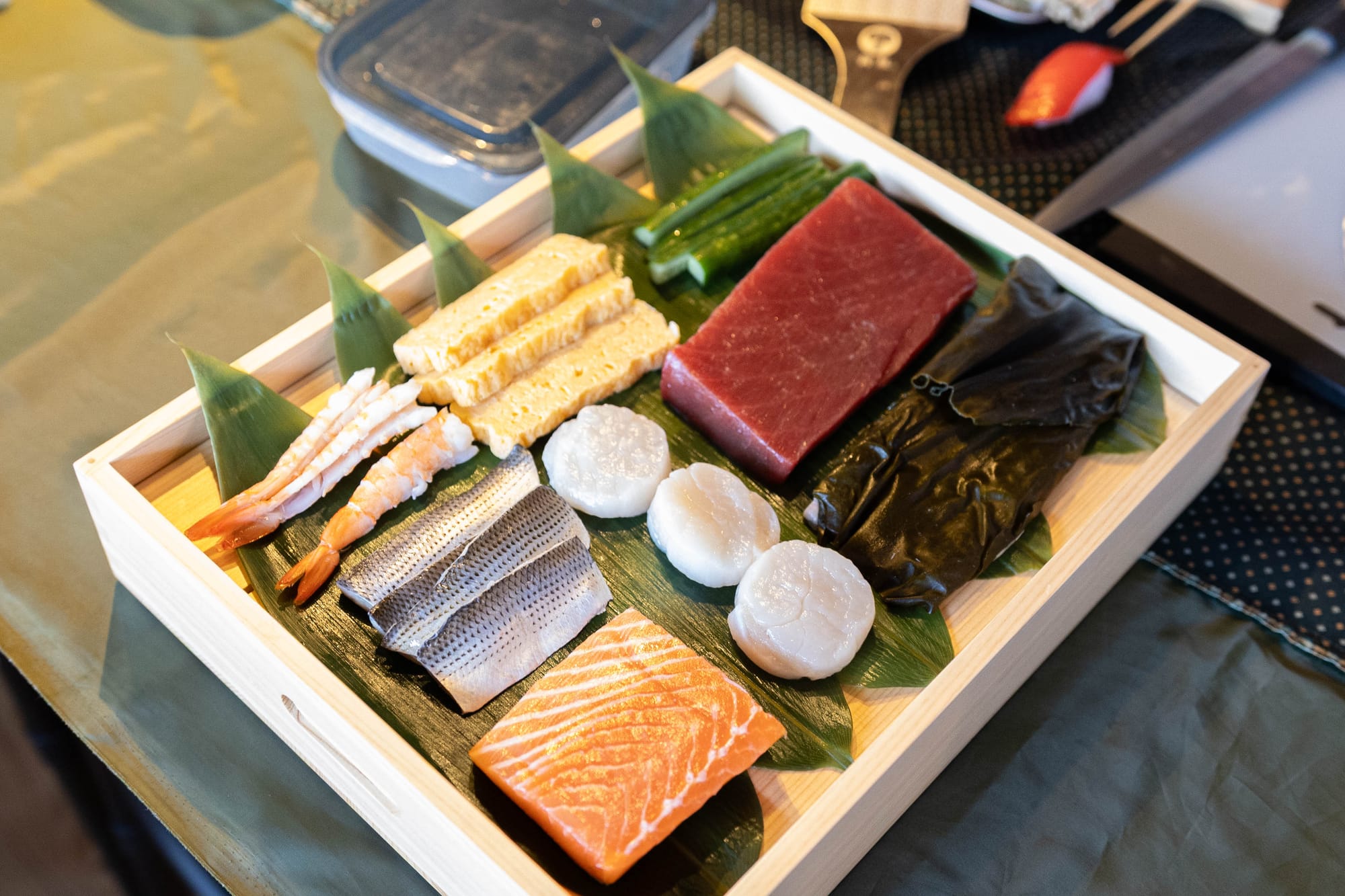 Beautiful fresh fish ready to be cut and made into sushi sashimi, salmon and tuna