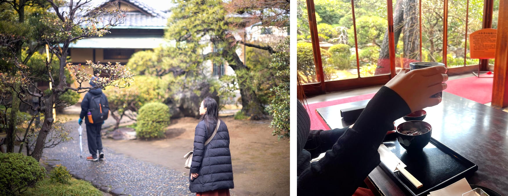 Two people walking towards Tamamoto-Tei, Tea and snacks.