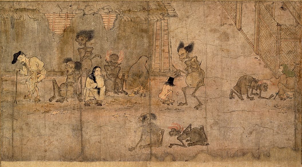 A scroll from 12th-century Japan depicting hungry ghosts suffering in the afterlife