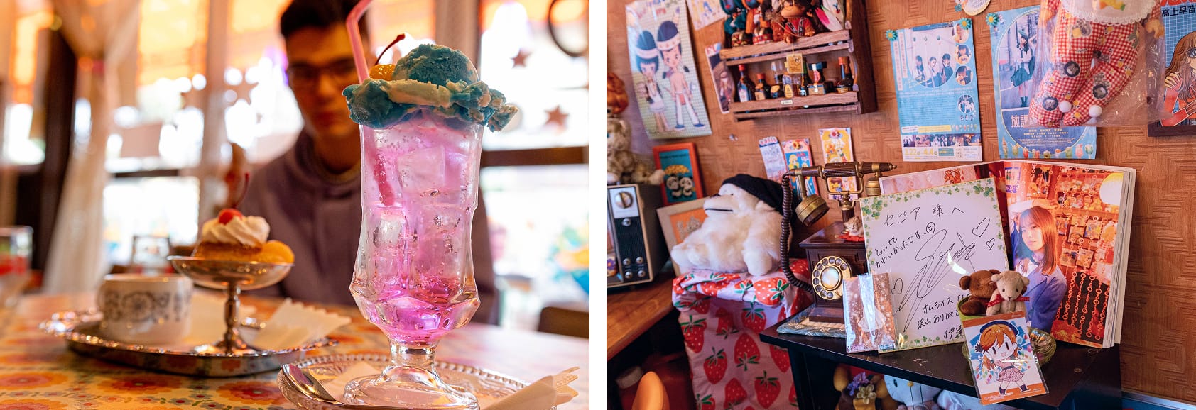 Man sitting in a retro cafe with a pink drink topped with ice cream and classic pudding dessert. Many vintage items are displayed in the cafe.
