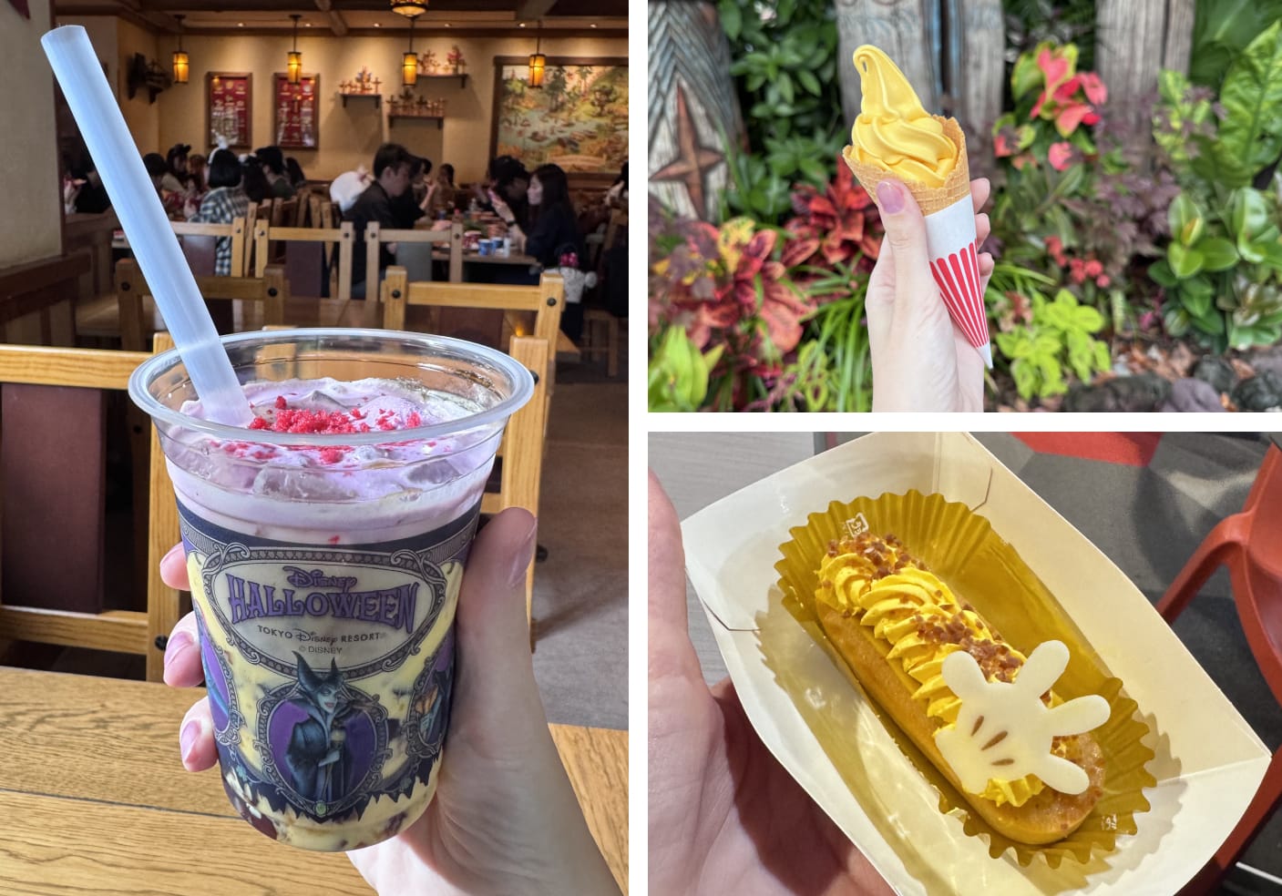 Tokyo Disney Halloween seasonal foods and drinks - pumpkin coffee jelly, sweet potato cake and pumpkin ice cream.