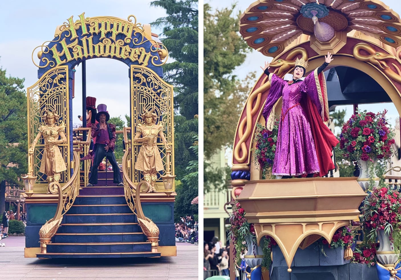 Into the Frenzy Parade floats with the Evil Queen and Dr. Facilier