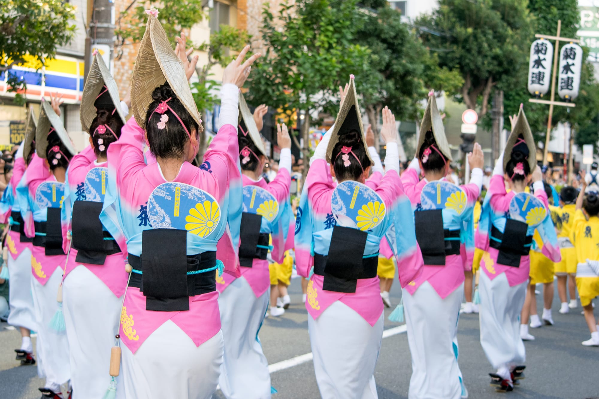 Women in pink and blue kimonos, wearing straw hats, dance for Awa Omori.