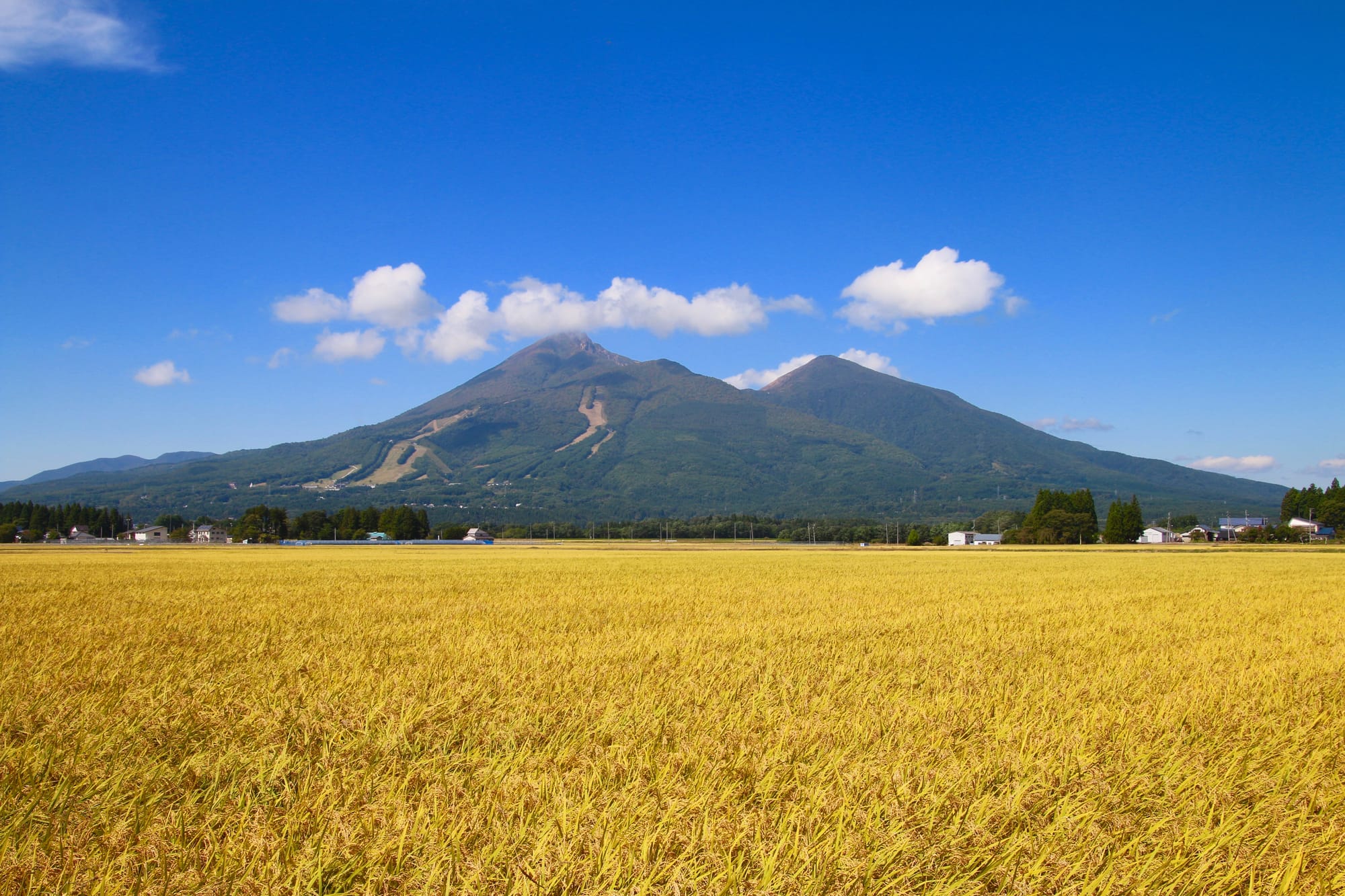 Scenic view of Mount Bandai in Fukushima, a famous volcanic peak surrounded by natural beauty