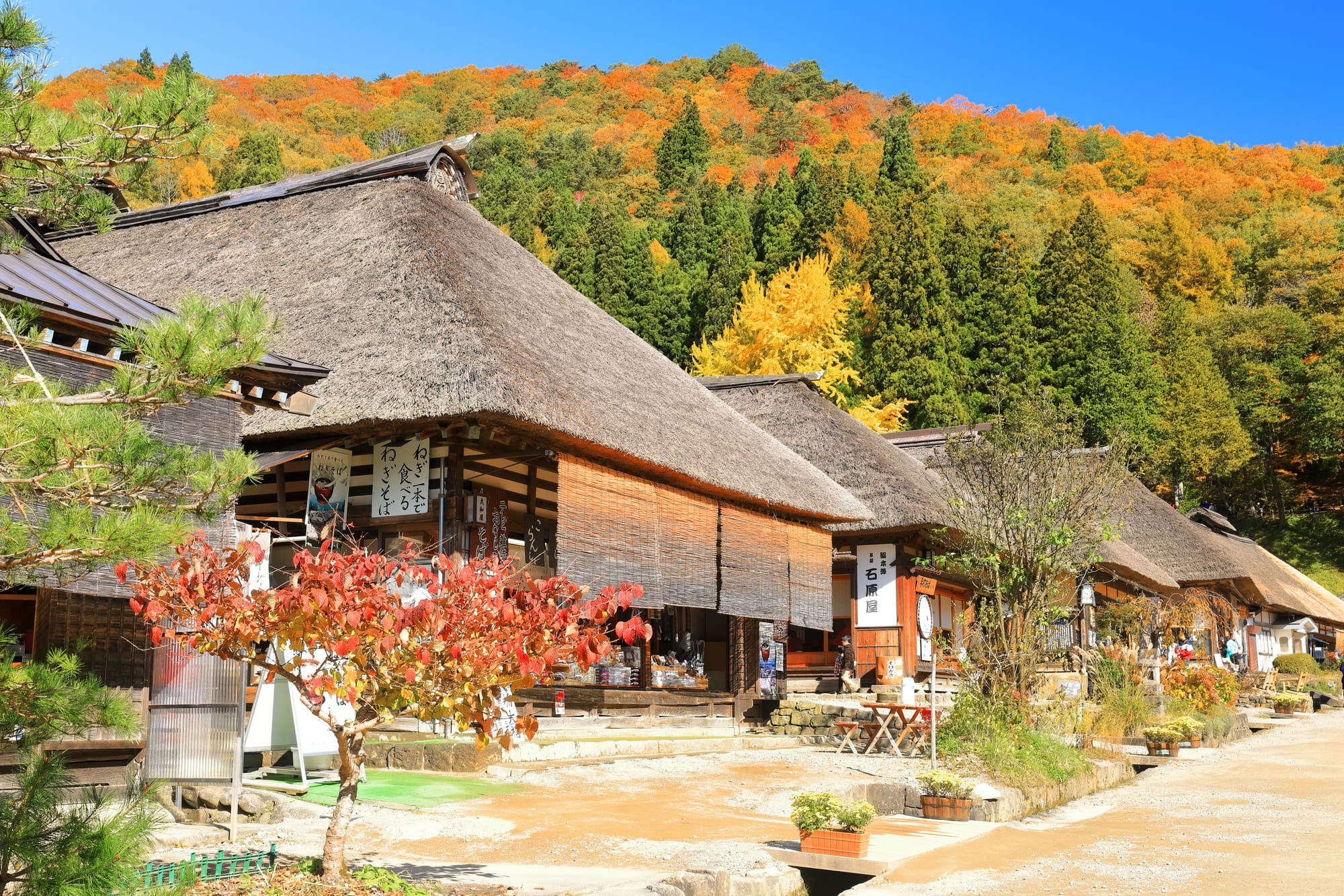 Rows of thatched-roof houses in Ouchi-juku, a preserved Edo-period post town in Fukushima