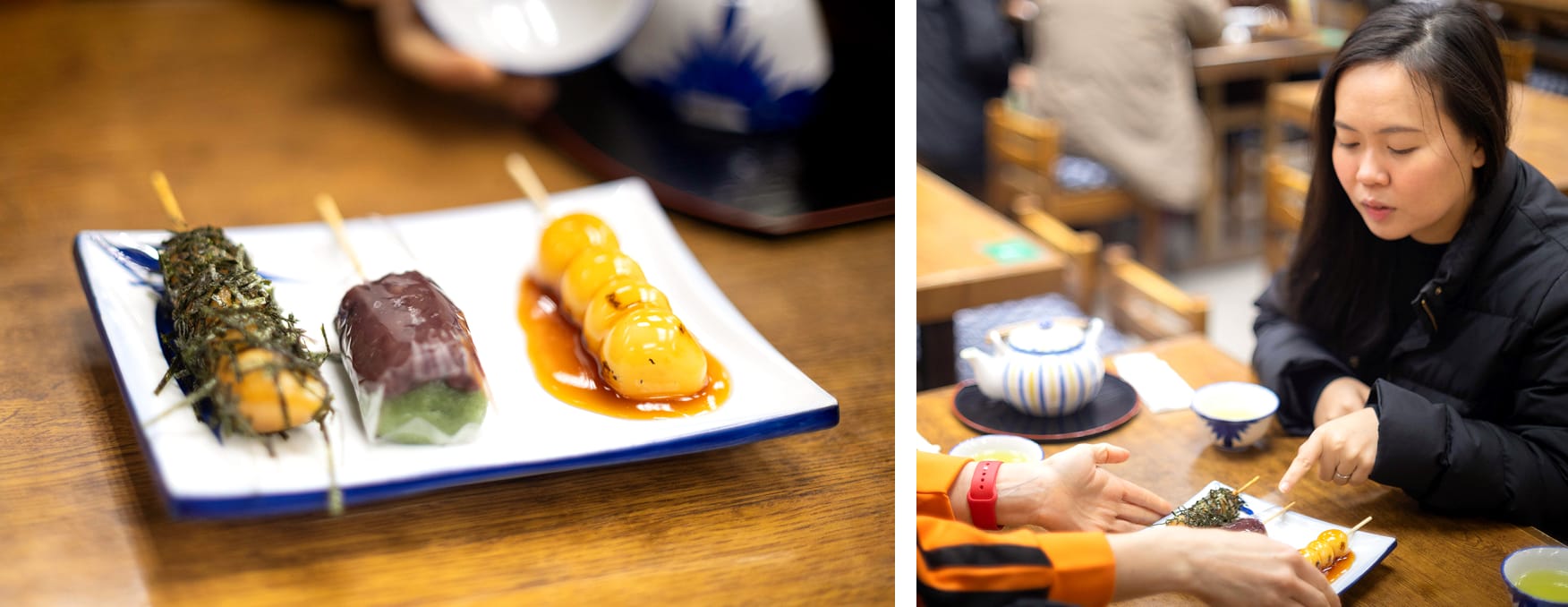 Dango set at Takagiya Roho, a woman pointing at the different dango options.