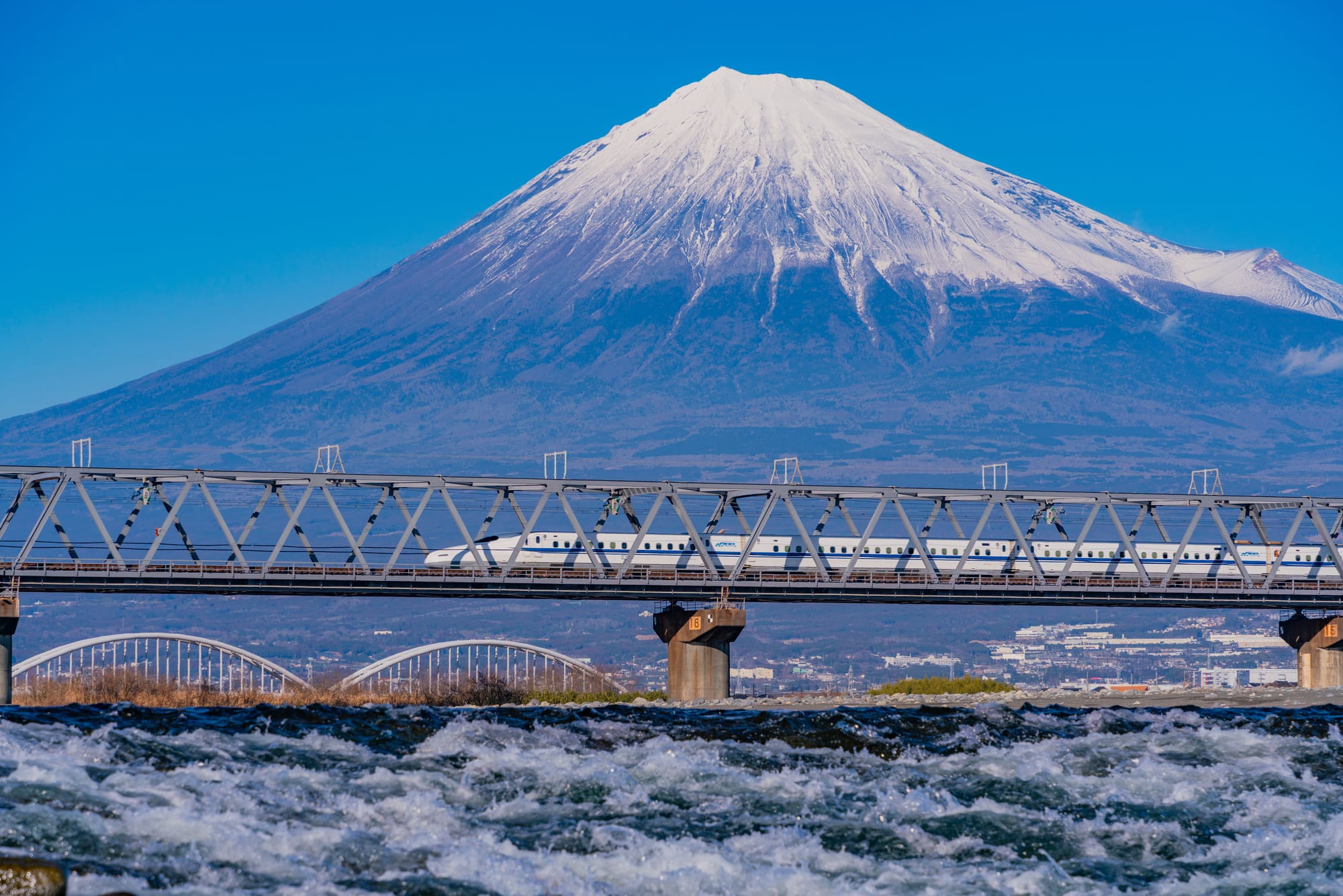 A Shinkansen passes by with the Mt. Fuji view.