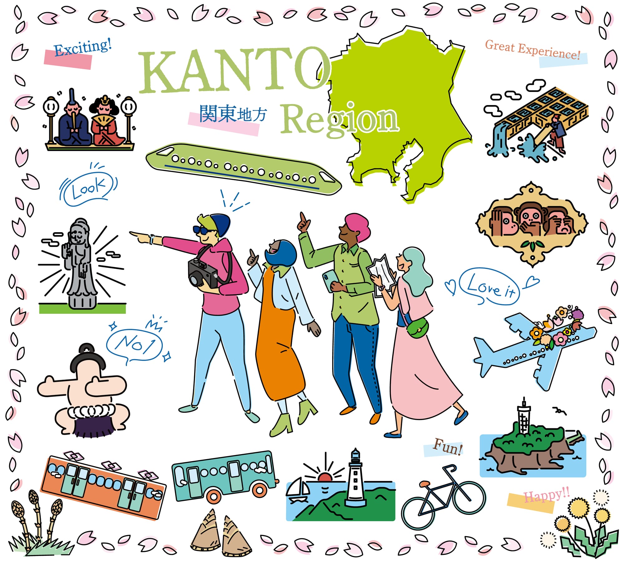 Tourists enjoying spring specialties in the Kanto region of Japan, set of icons.
