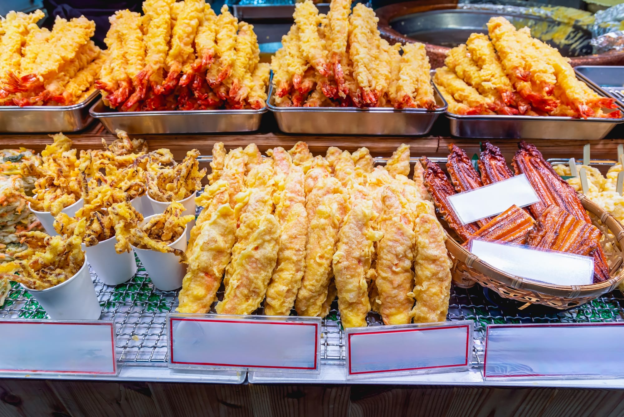 A variety of fried foods on display