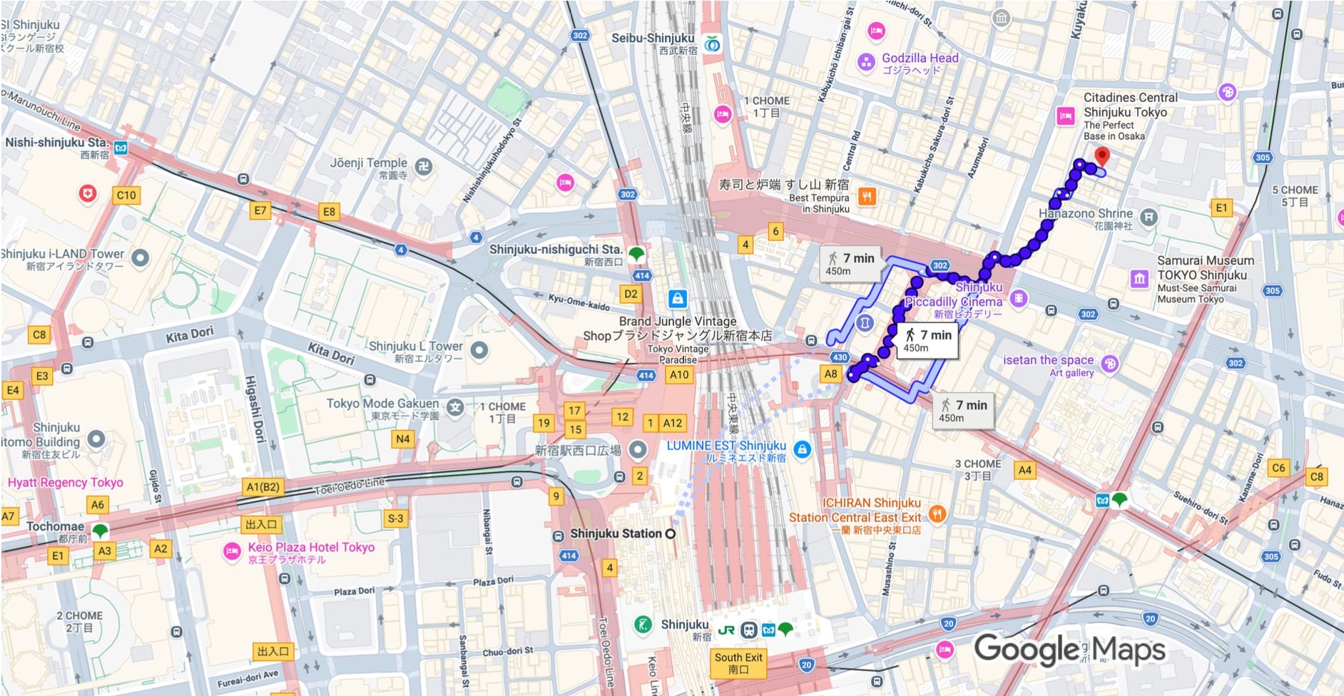 A Google Maps screenshot showing walking directions from Shinjuku station to Golden Gai
