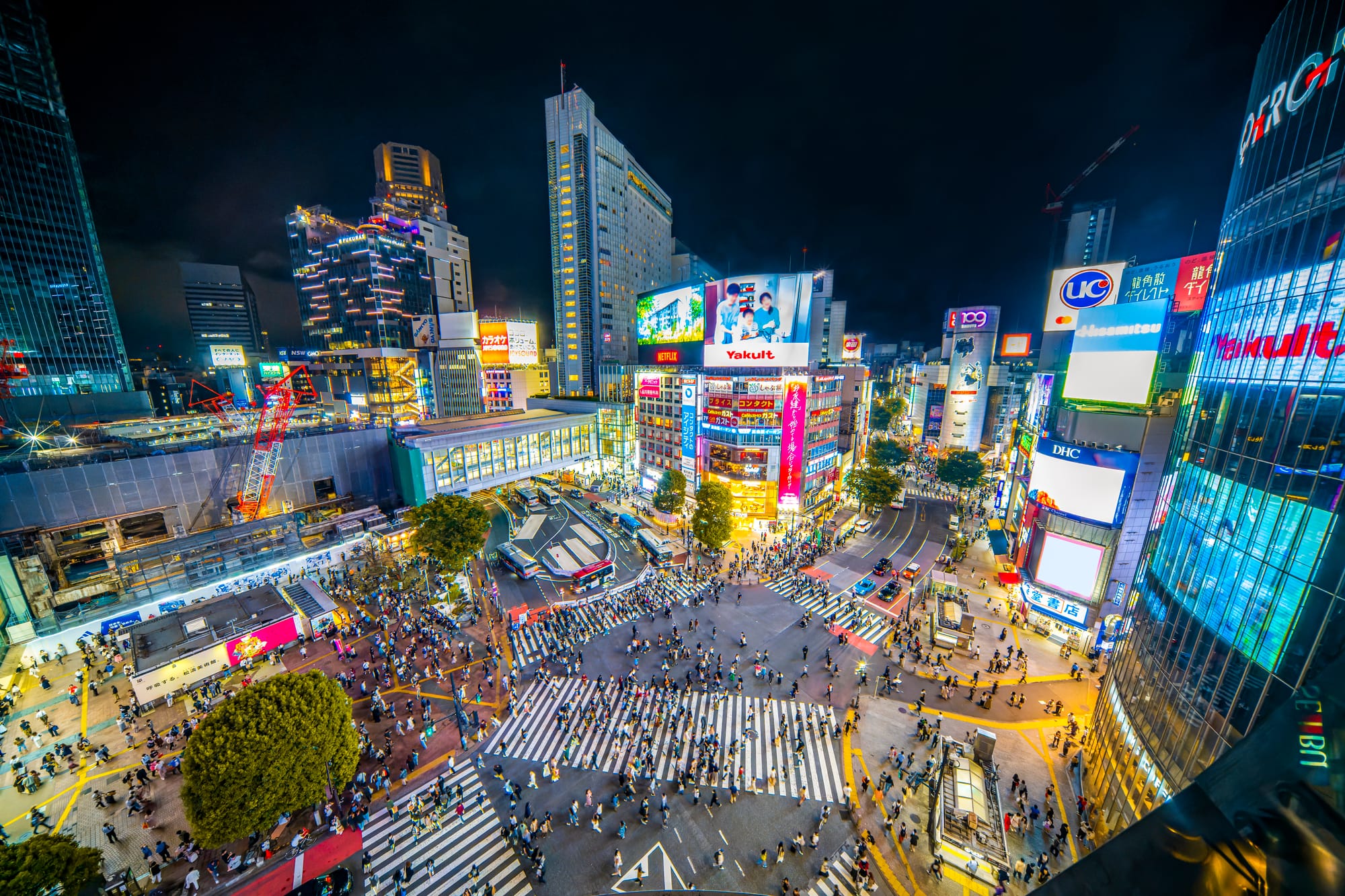 An aerial shot of Shibuya's famous Scramble Crossing at night